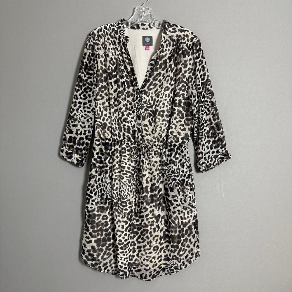 Vince Camuto MobWife Office Siren Leopard Print Drawstring Shirt Dress 10 Tan